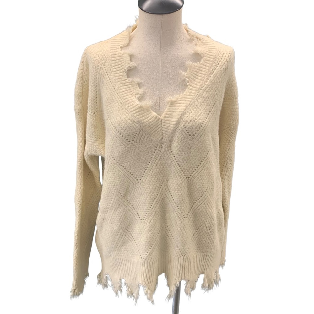 MISS ME Distressed Cream Knit Pullover‎ Sweater Boho Grunge - Size - L